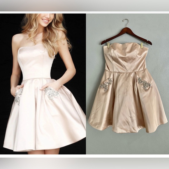 Sherri Hill Dress Size 14 Satin Strapless Mini A-Line Beige Champagne Formal - Picture 1 of 9